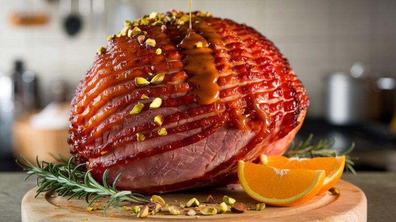 Whole glazed ham with orange slices on a cutting board