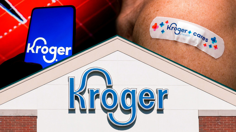 Kroger logo on building, sign, and band-aid composite image