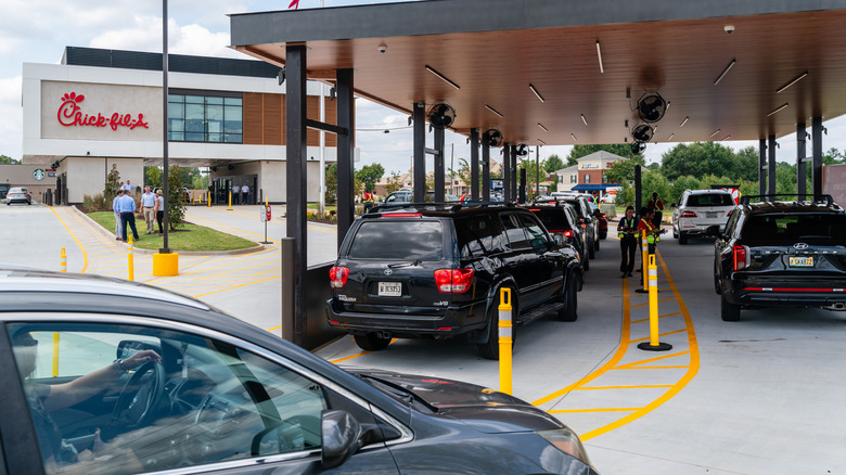 A backed-up Chick-fil-A drive-thru