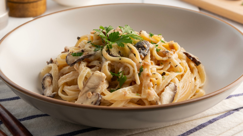 creamy mushroom pasta in a bowl