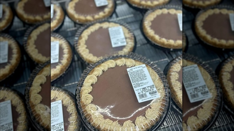Chocolate peanut butter pies in a display case