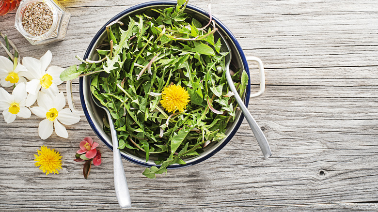 dandelion salad in a pot with silver spoons and flower on side of the pot