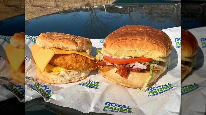 Two chicken sandwiches on top of a Royal Farms wrapper