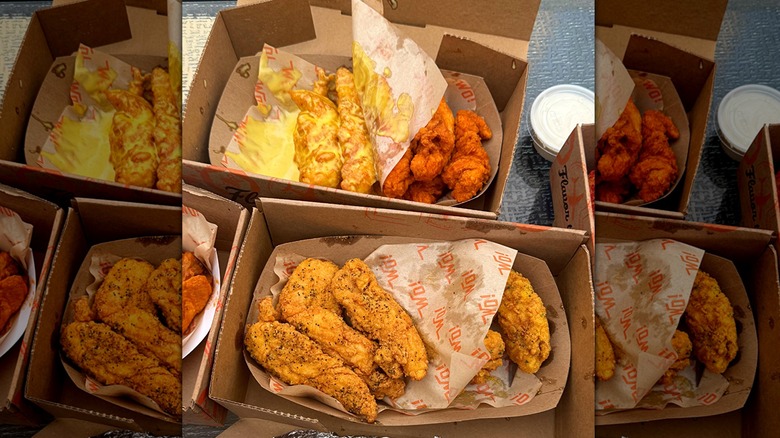 cardboard containers featuring fried chicken wings with different sauces and seasonings