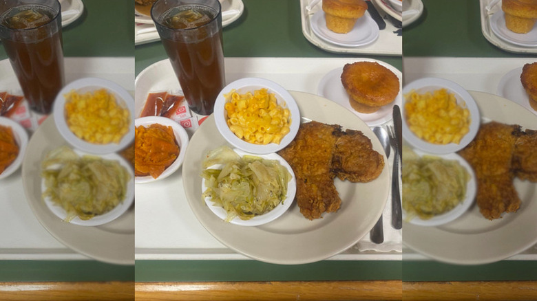 fried chicken, cabbage, tea, and mac n cheese at Swett's Restaurant