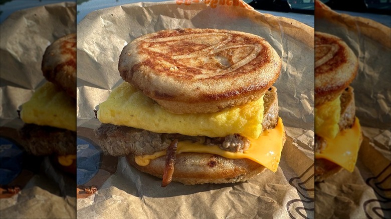 McDonald's steak and eggs breakfast sandwich on McGriddle cakes