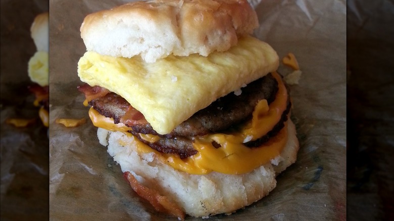 McDonald's triple stack breakfast sandwich on a biscuit