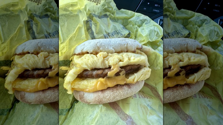 McDonald's sausage egg Mcmuffin with scrambled eggs in a yellow wrapper