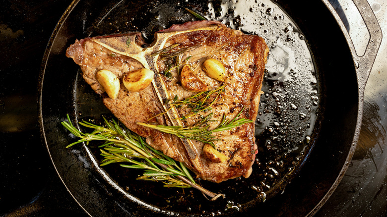 T-bone steak in a pan