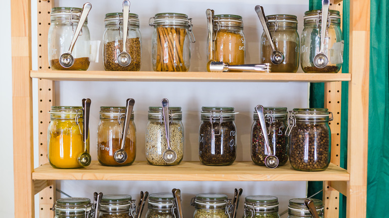 spice jars on shelves