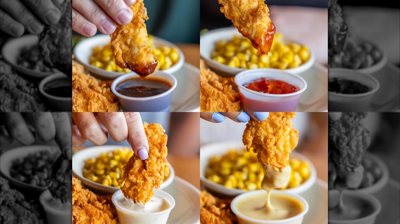 Texas Roadhouse chicken critters or chicken tenders dipped in sauce