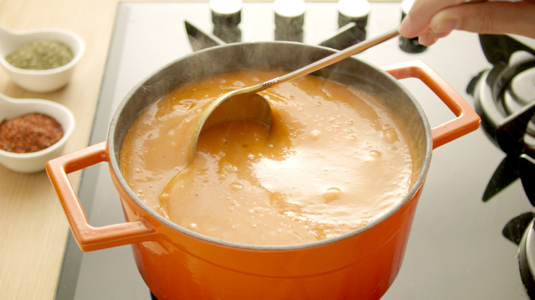 Soup in pot with ladle