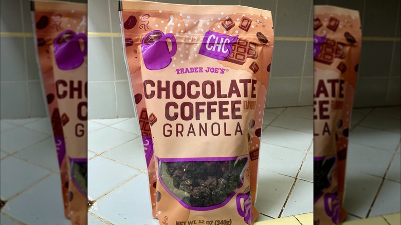 A bag of Trader Joe's Chocolate Coffee Flavored Granola sits on a countertop
