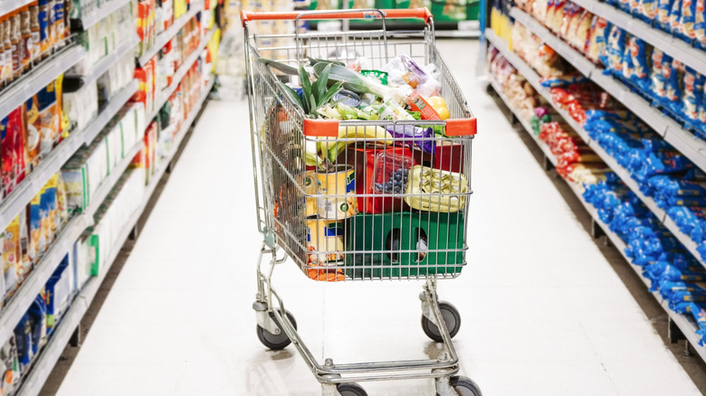 A stuffed grocery cart in an aisle