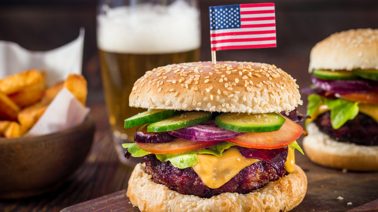 cheeseburger with american flag toothpick