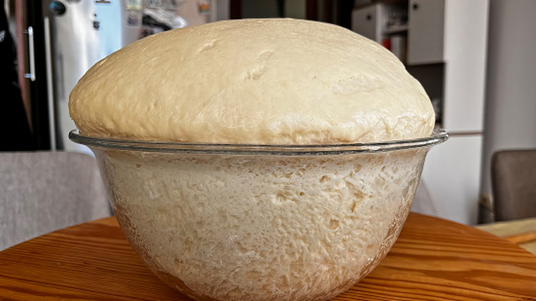 Bread dough proofing in a glass bowl