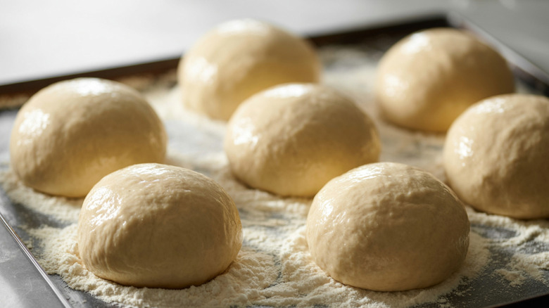 Dinner rolls rising on a floured baking sheet