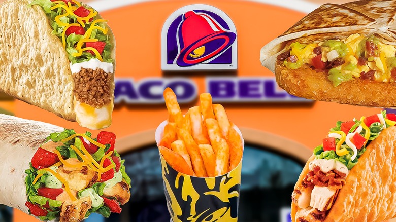 taco bell logo surrounded by tacos, burrito, nacho fries