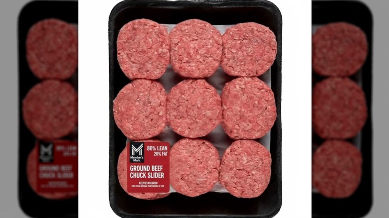 Plastic wrapped tray of Member's Mark slider sized beef patties.