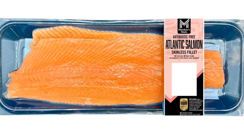 Plastic wrapped Member's Mark large skinless Atlantic salmon fillet.