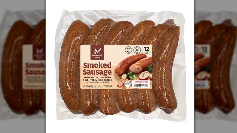 Package of 12 Member's Mark smoked sausages made with bacon, peppers, and cheese.