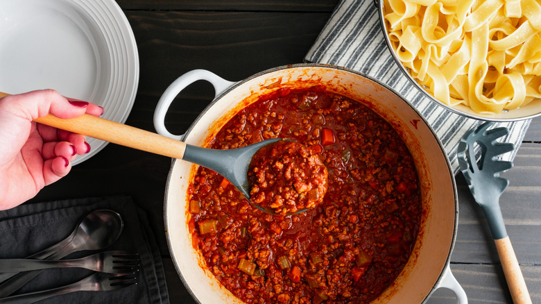 saucepan of Bolognese sauce