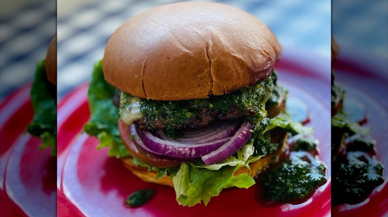 chimichurri burger with onions