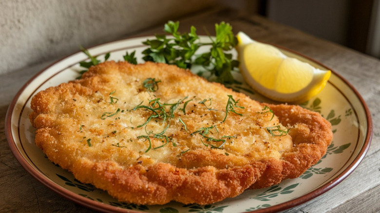 Veal cutlet on a plate with a lemon wedge and parsley sprigs