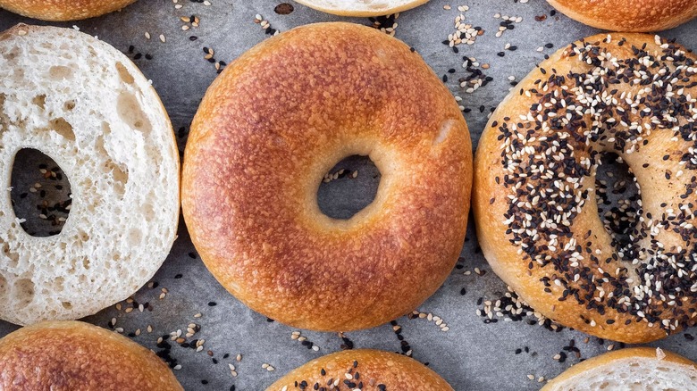 Assortment of bagels on grey background