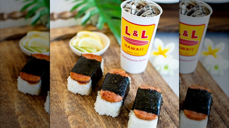 Spam rolls and soda in cup from L&L Hawaiian