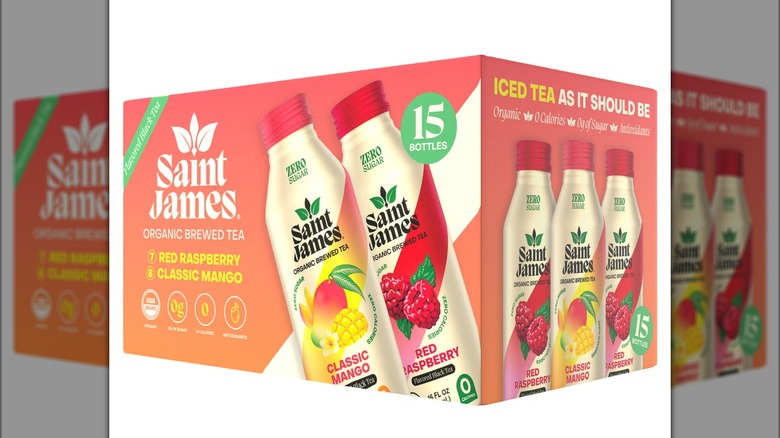 Case of individual bottles of brewed tea with two fruit flavors.