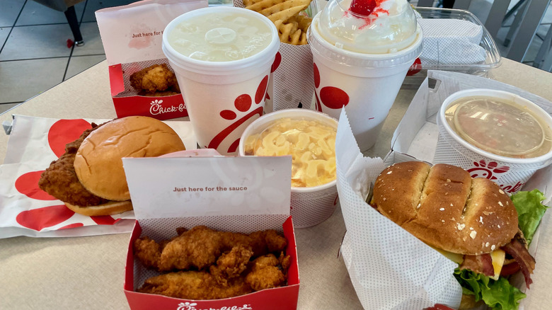 Various Chick-fil-A menu items on table