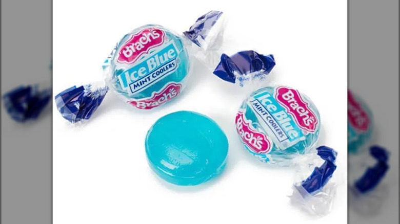 Brach's Ice Blue Coolers two wrapped and one unwrapped on white background