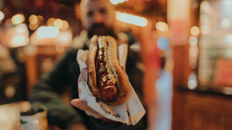 person holding sausage in bun