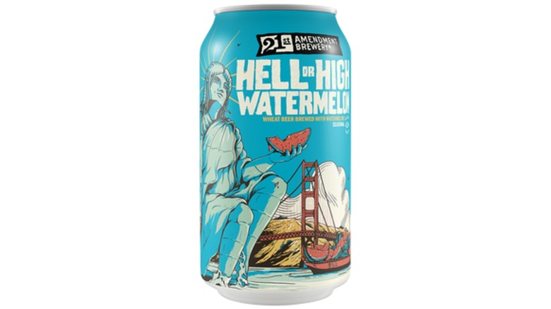 blue can of 21st Amendment Hell or High Watermelon beer on a white background