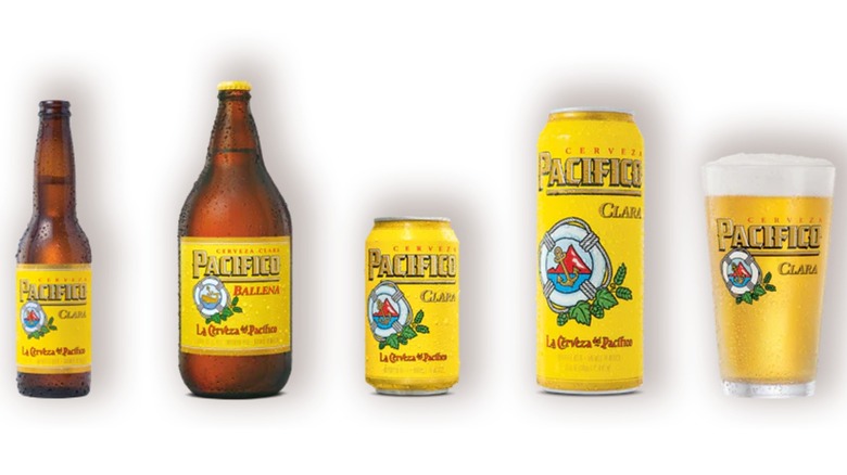 bottles, cans, and pints of Cerveza Pacifico Clara on a white background