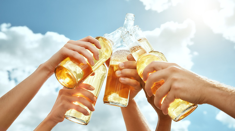 hands hold cold bottles of beer and cheers them with a blue sky in the background