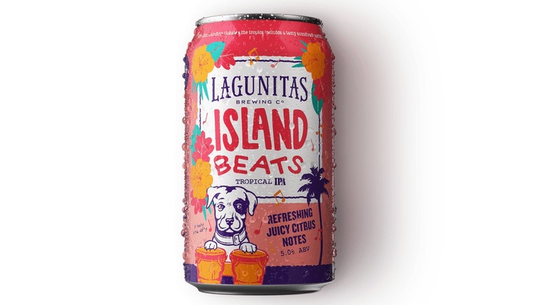 Pink and yellow can of Lagunitas Island Beats beer on a white background