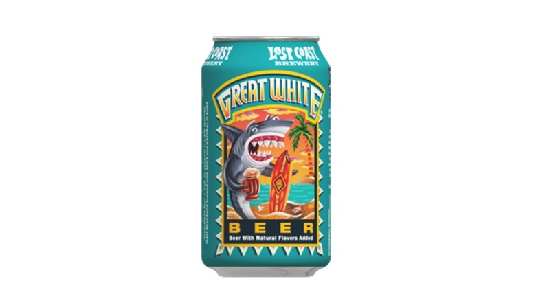 Teal can of Lost Coast Brewery Great White beer on a white background