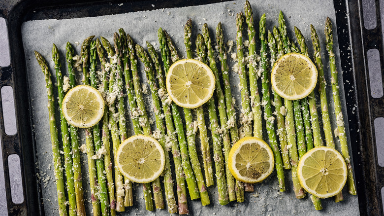 lemon roasted asparagus on baking sheet