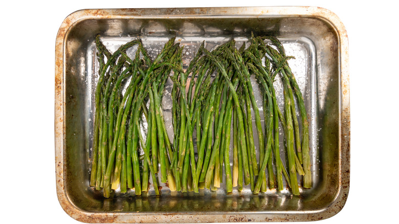 roasted asparagus in baking pan