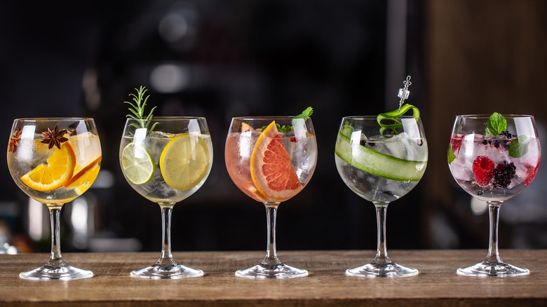 gin and tonics with fruit and garnishes