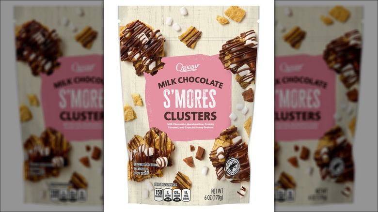 Bag of s'mores-flavored milk chocolate clusters against white background.