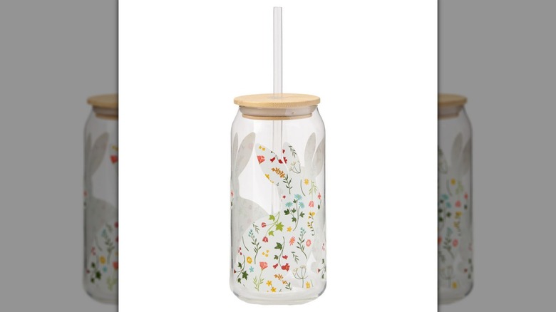 Glass cup with lid, straw, and floral rabbit design