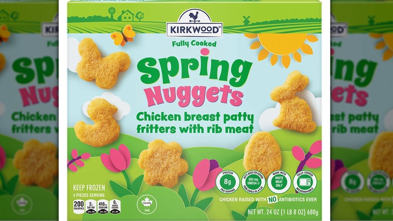 Box of frozen Kirkwood Chicken Nuggets in Spring shapes