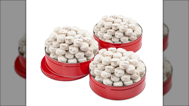 3 red tins filled with butter pecan cookies