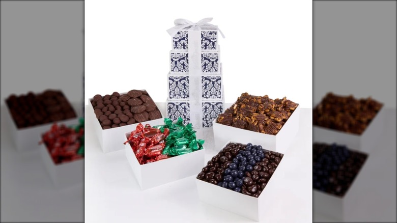 gift set with chocolates, nuts, and more
