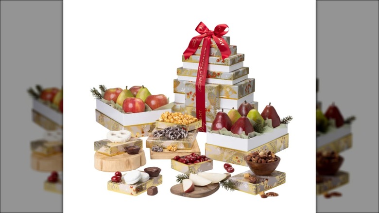 gift boxes with fresh fruit, snacks, and more