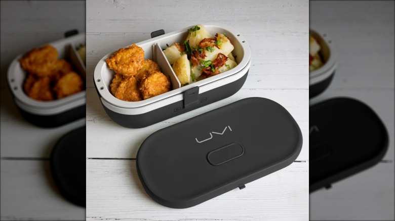self heating lunch box with food inside
