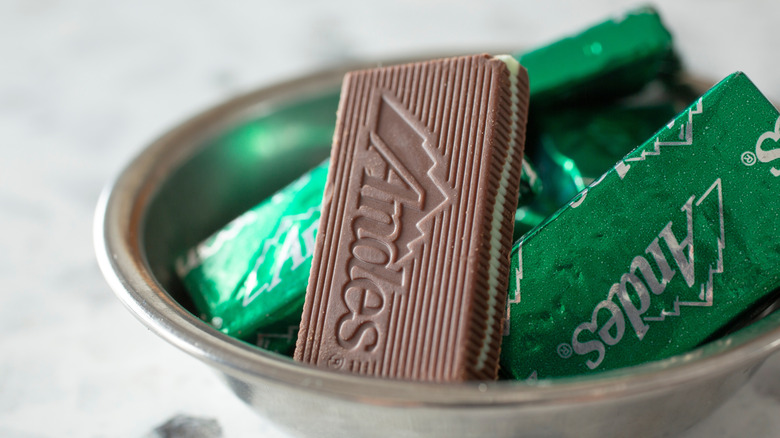 Andes mint chocolates in a bowl